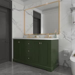 22.4 in. W x 60 in. H 2 Sink Bathroom Vanity Cabinet 3-Drawers and 2-Double Door Cabinets White Marble Countertop,Green