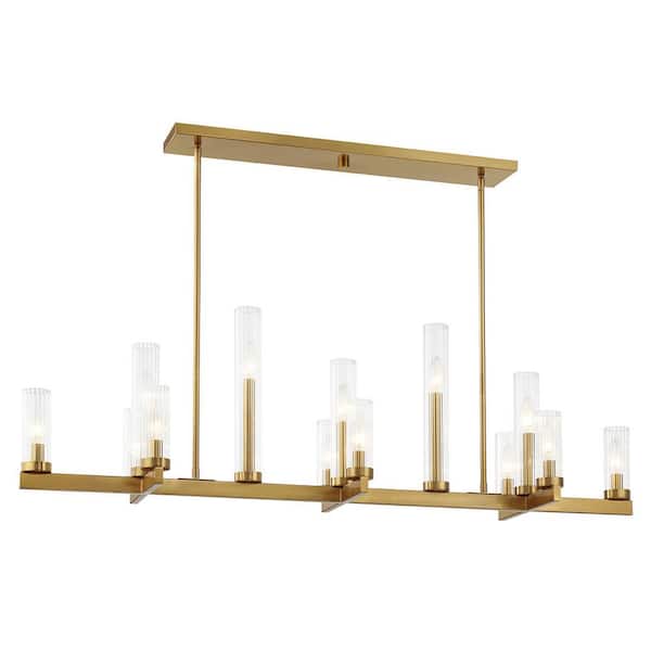 Carina 47.5 in. W x 14 in. H 13-Light Warm Brass Chandelier with Clear Ribbed Glass Shades and No Bulbs Included