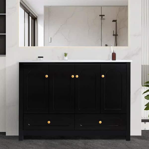47.64 in. Single Sink Freestanding Black Bath Vanity with White Ceramic Top, 4 Soft-Close Doors, 2 Drawer, Unassembled