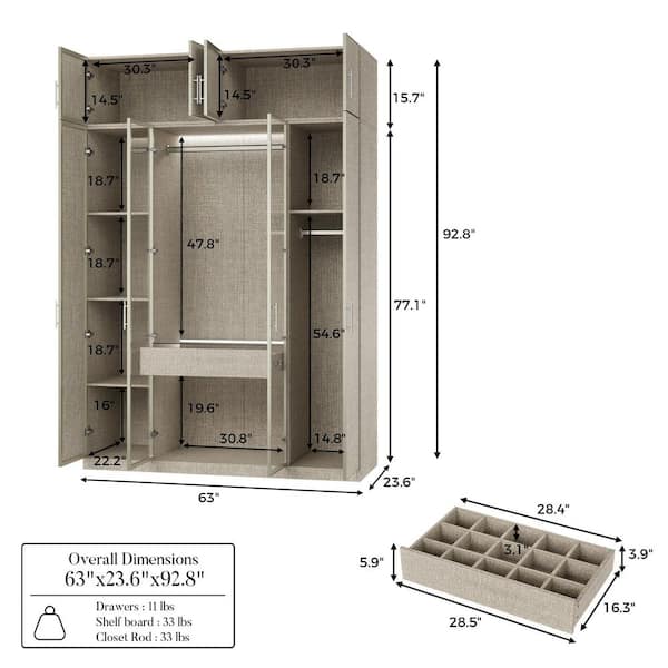 Homsee 63 in. W Gray Wood Freestanding Closet System with LED