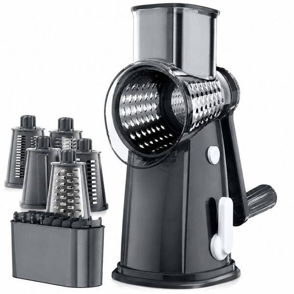 Gray 5 Blade Rotary Cheese Grater with Storage Box, Hand Crank, Suction Base for Vegetables and Nuts