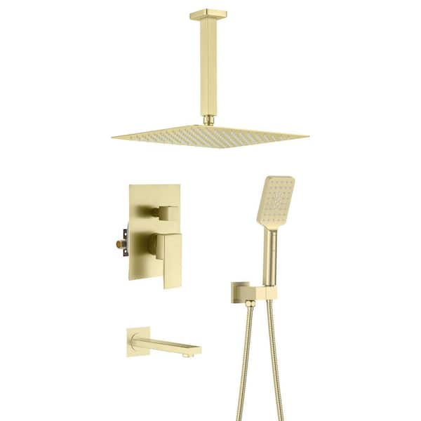 KIBI 1-Handle 1-Spray Shower Faucet 1.8 GPM with Corrosion Resistant, Pressure Balance Ceiling Mount in Brushed Gold