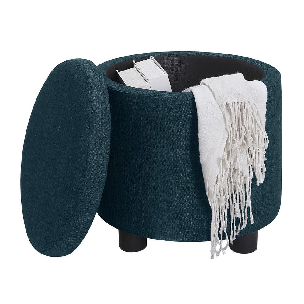 Designs4Comfort Dark Blue Round Ottoman with Reversible Tray and Storage