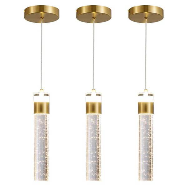 8-Watt 1 Light Gold Bubble LED Pendant Light With Crystals Shade Hanging Light Fixture For Kitchen Island (Set Of 3)