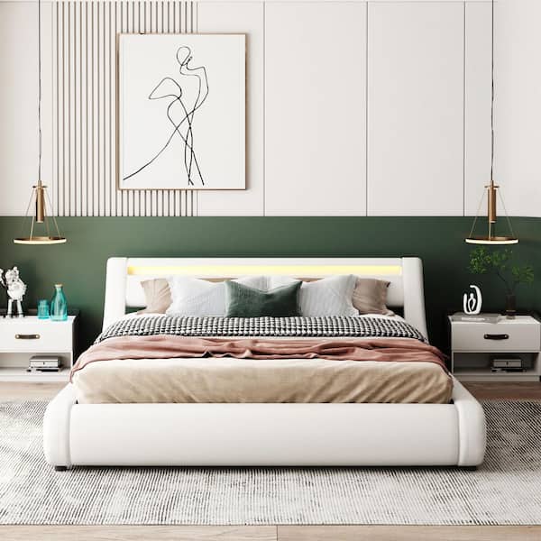 Polibi 65.70 in. W Queen Upholstered Leather Platform bed in White with a Hydraulic Storage System, LED Light Headboard