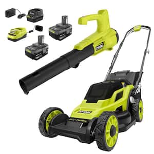 One+ 18-Volt 13 in. Cordless Battery Walk Behind Push Lawn Mower and 250 CFM Blower with (2) Batteries and (2) Chargers