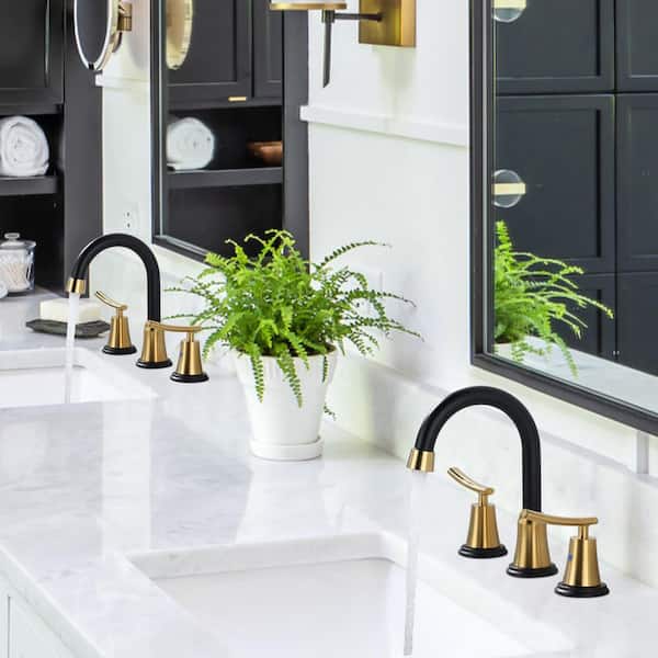 Modern 8 in. Widespread Double Handle Bathroom Faucet with Pop Up Drain and Supply Hose in Black and Gold