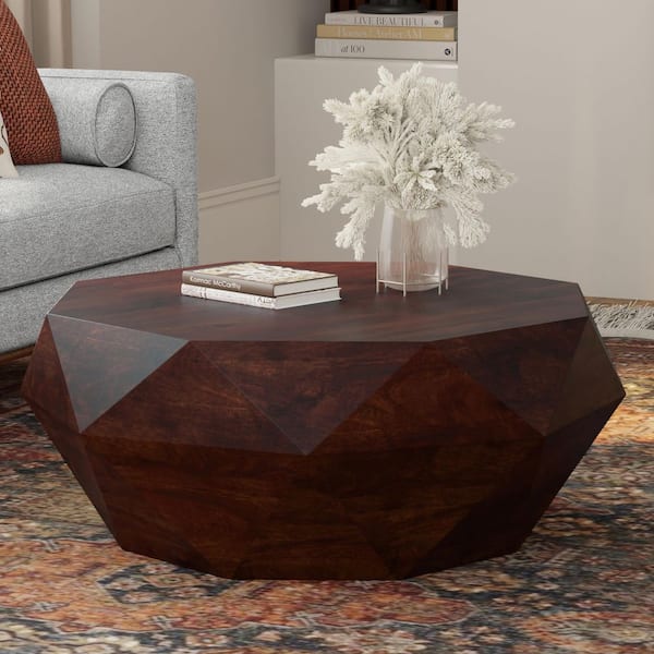 Zayn 35 in. Walnut Brown Wide Octagon Solid Acacia Wood Contemporary Coffee Table, Fully Assembled