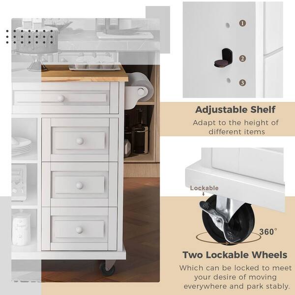 Codesfir Kitchen Island Cart on Wheels with Storage Drawers and Cabinets,  Kitchen Cart with Rubberwood Countertop, Lockable Casters, Adjustable  Shelves, L48xW18xH36 Inches, Easy Assembly, White 