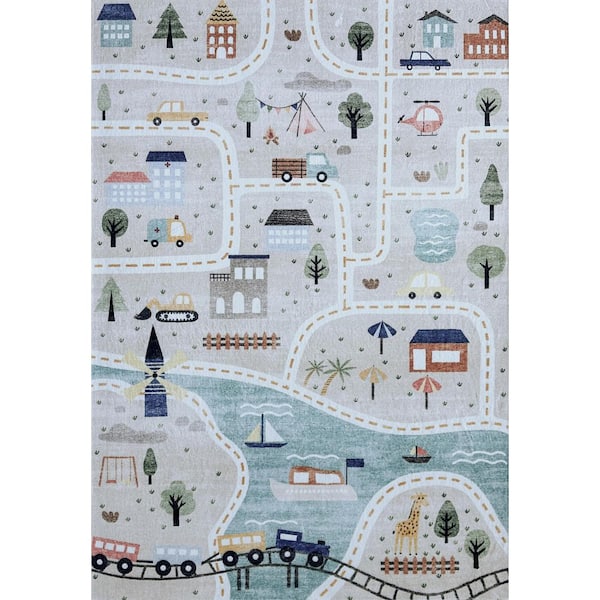 7 ft. x 10 ft. Gray Brown and Blue Juvenile Transportation Youthful Area Rug