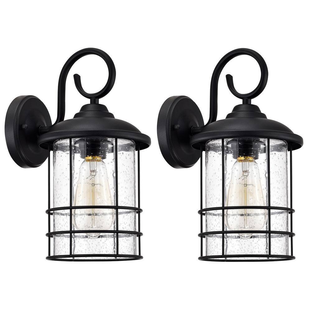 12.4 in. Matte Black Outdoor E26 Wall Lantern Sconce with Clear Seeded Glas