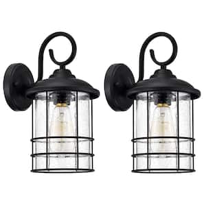 12.4 in. Matte Black Outdoor E26 Wall Lantern Sconce with Clear Seeded Glass Shade Weather Resistant (Set of 2)