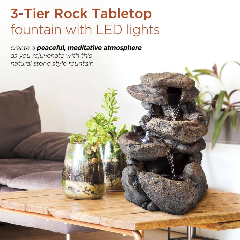 11" Gray Fiberglass 3-Tier Rock Tabletop Fountain with LED Light