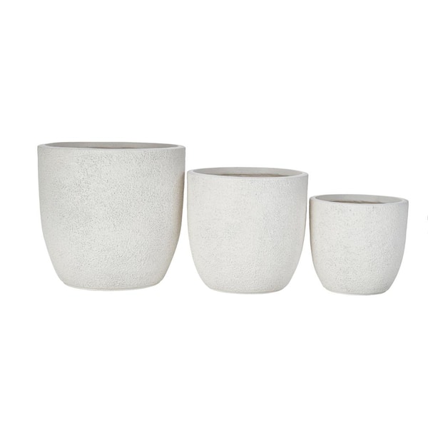 3-Piece Outdoor White Round Concrete Stackable Planter with Drainage Holes and Rubber Plug for Garden, Patio