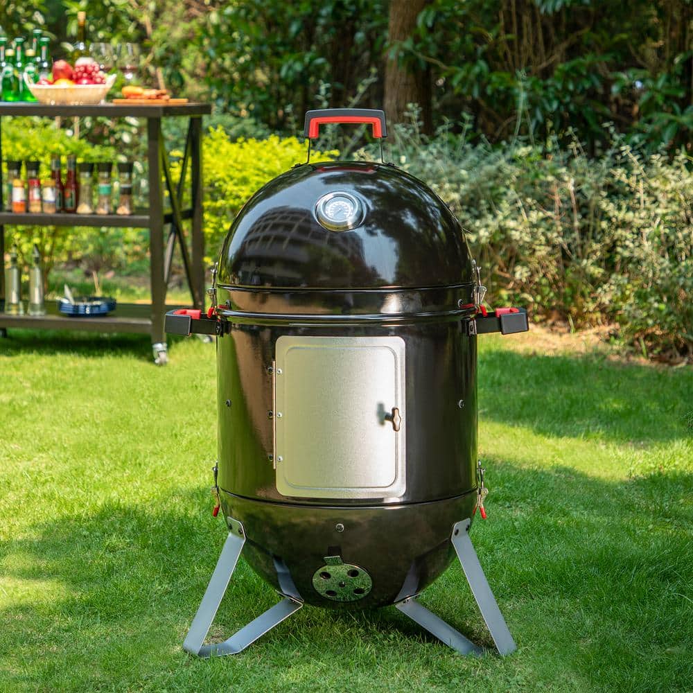 18" Black Charcoal Vertical Smoker Grill with Porcelain Enamel Bowls
