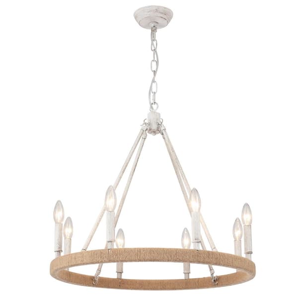 Elinka 8 Light White Rope Farmhouse Candle Style Wagon Wheel Chandelier for Living Room Kitchen Dining Room Foyer