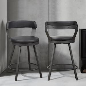 Avignon 25 in. Dark Gray Metal Swivel Counter Height Chair with Black Faux Leather Seat (Set of 2)