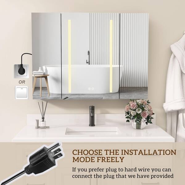 NTQ 40 in. W x 30 in. H Defogging Medium Rectangular Black Aluminum Surface Mount LED Bathroom Medicine Cabinet with Mirror