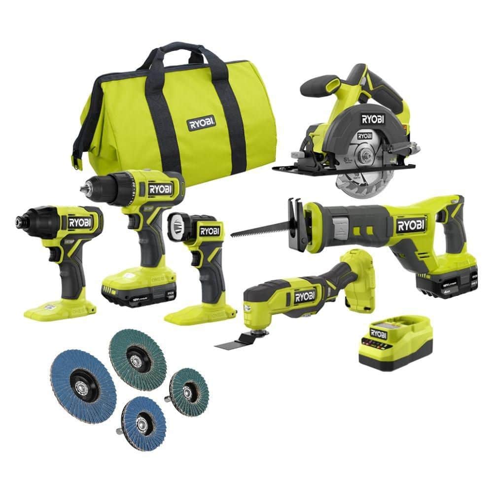 Ryobi ONE+ 18V 6-Tool Combo Kit w/ 2Ah Battery, 4Ah Battery, & Charger w/ 4PC Flap Wheel Set