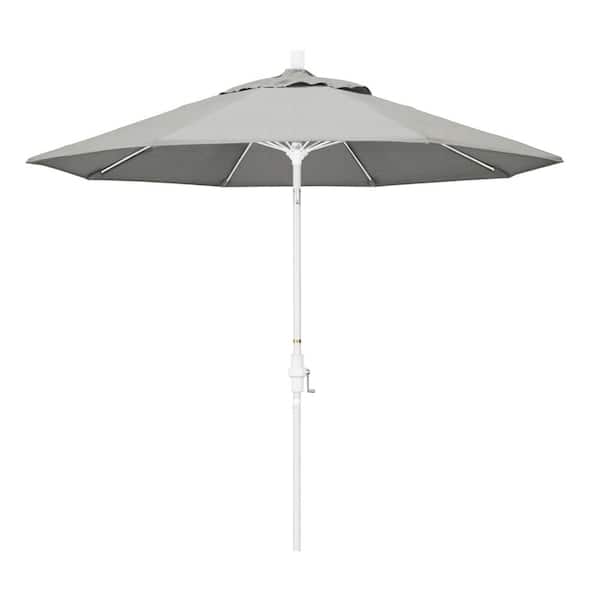California Umbrella 9 ft. Matted White Aluminum Market Patio Umbrella with Fiberglass Ribs Collar Tilt Crank Lift in Granite Sunbrella