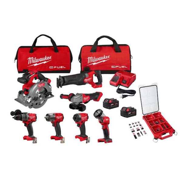 M18 FUEL 18V Brushless Cordless 7-Tool Combo Kit w/ (2) 5. 0Ah Batteries, Charger, 2 Bags with SHOCKWAVE 100-Pc Bit Set
