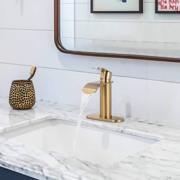 Single Handle Single Hole Bathroom Faucet with Pop-Up Drain Included in Gold