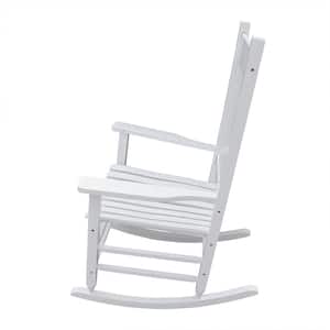White Wood Outdoor Rocking Chair Traditional Indoor Outside Porch Rocker Armchair with High Back for Lawn Deck Garden