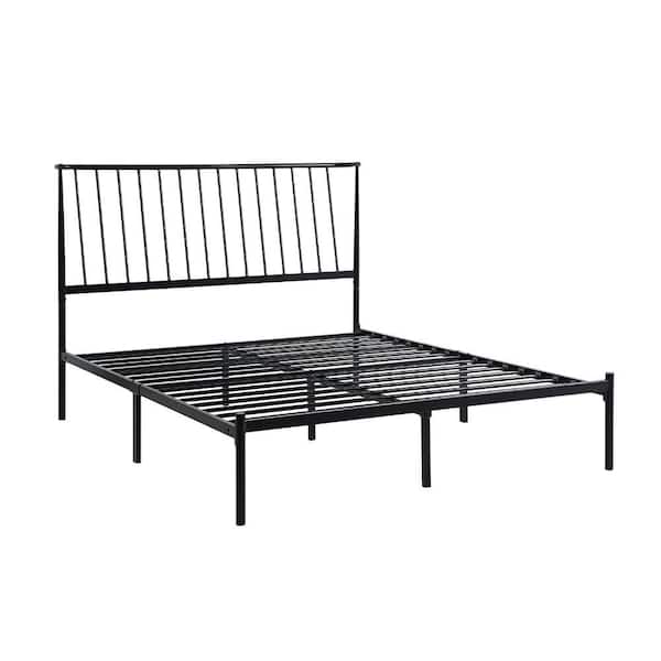 Benjara Black Metal Frame Queen Platform Bed with Tufted Headboard