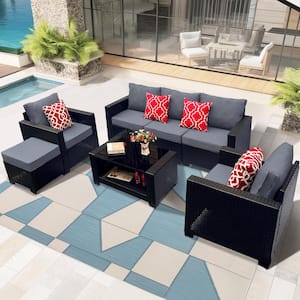 7-Piece Black Wicker Patio Conversation Set with Coffee Table and Gray Cushion