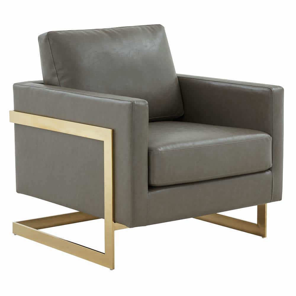 Elegant Gray Leather and Gold Metal Accent Armchair
