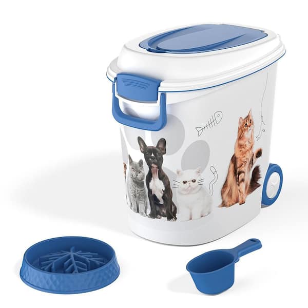 Pet Food Storage Container with Scoop and Slow Feeder Bowl for Dogs Cats Birds Blue