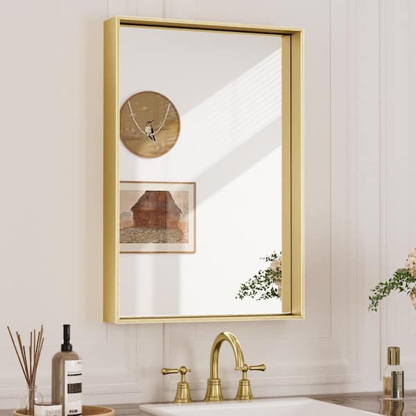KeonJinn 16 in. W x 24 in. H Rectangular Aluminum Square Corner Framed Wall Mount Bathroom Vanity Mirror in Brushed Brass