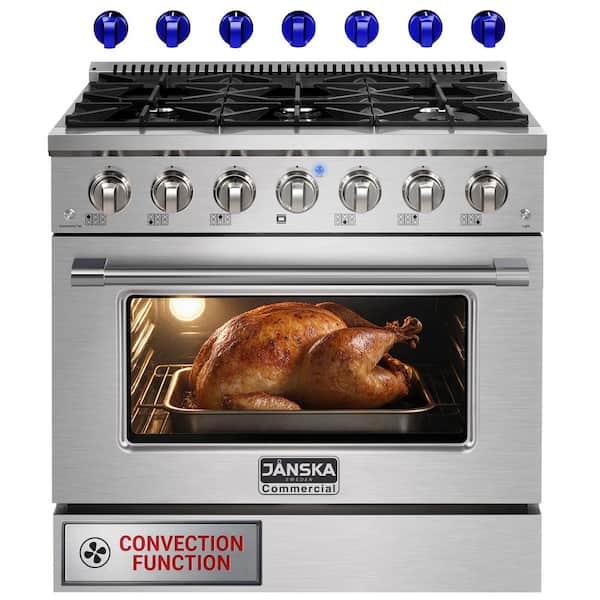 36 in. 5.2 cu. ft. Gas Range with 6-Burners, Convection Oven, Griddle in Stainless Steel with 2 Sets of Knobs