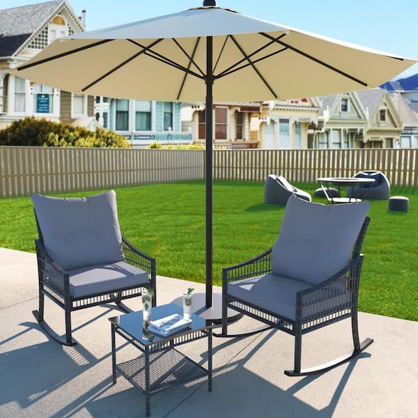 VEIKOUS Dark Grey 3-Piece Patio Wicker Outdoor Rocking Chair Set with Orange Cushions and Pillows