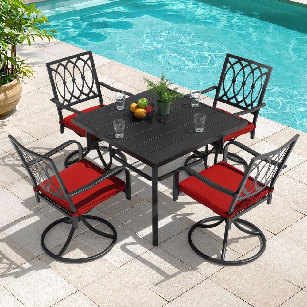 Black 5-Piece Metal Square Outdoor Dining Set with Umbrella Hole, 4 Swivel Chairs with Removable Cushions price history on PriceWatchPro