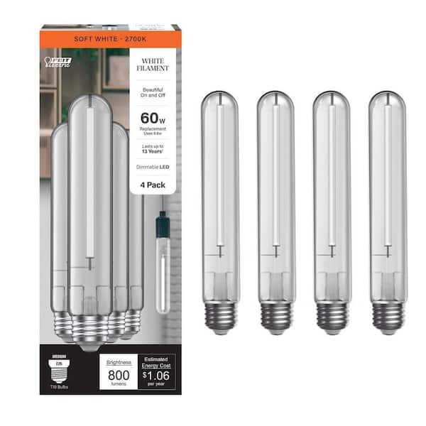 60W Equivalent T10L Dimmable Straight White Filament Clear E26 Vintage Edison LED Light Bulb, Soft White 2700K (4-Pack)