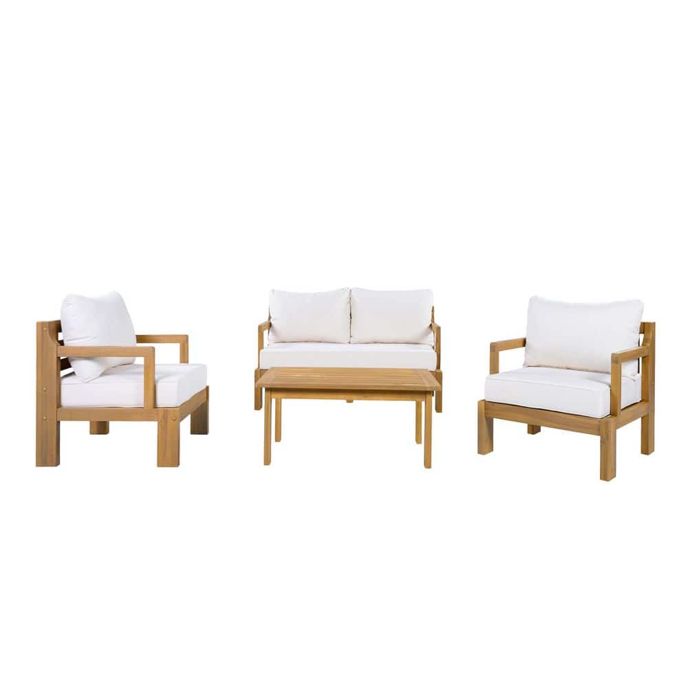 Dunham Outdoor 4 Piece Natural Finish Solid Wood Patio Conversation Set with Beige Cushions, Coffee Table, Slat Design price history on PriceWatchPro