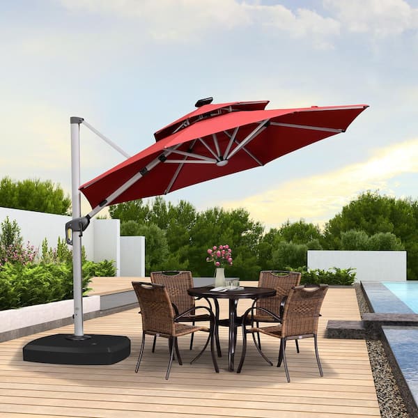 PURPLE LEAF 10 ft. Octagon Aluminum Solar Powered LED Patio Cantilever Offset Umbrella with Wheels Base, Terra