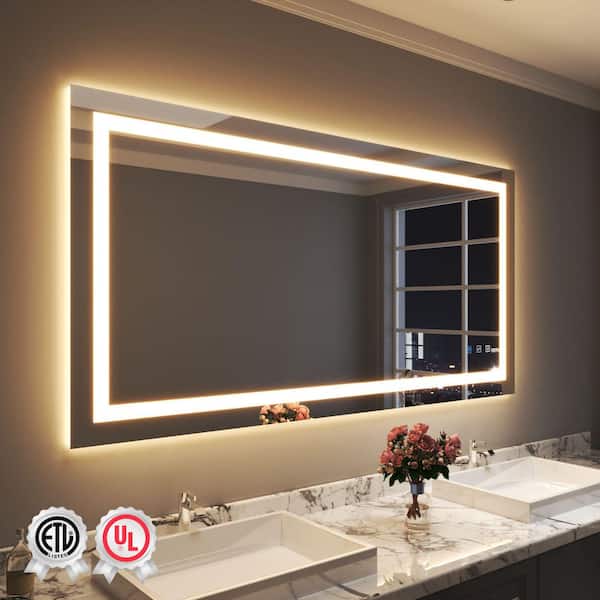 waterpar Super Bright 72 in. W x 36 in. H Rectangular Frameless Anti-Fog LED Wall Bathroom Vanity Mirror with Front Light