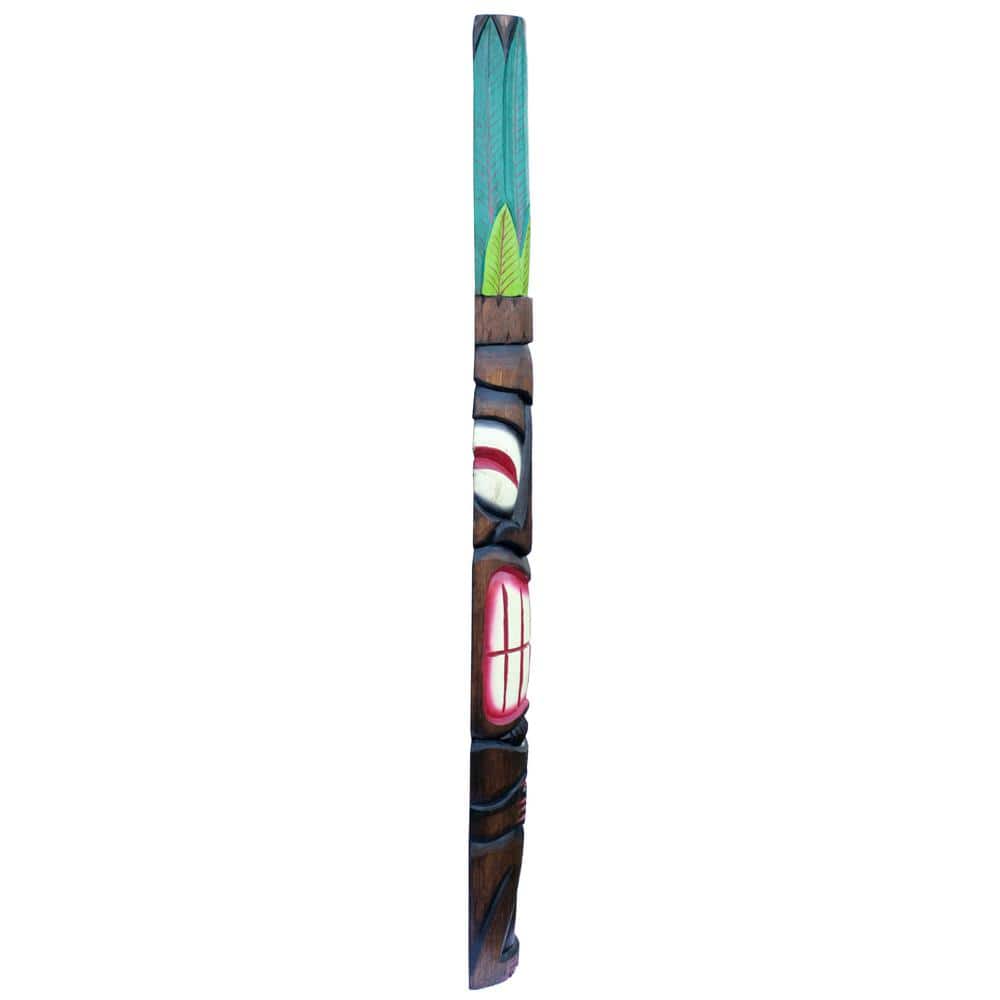 60" Brown and Green Hand-Carved Wooden Tiki Mask