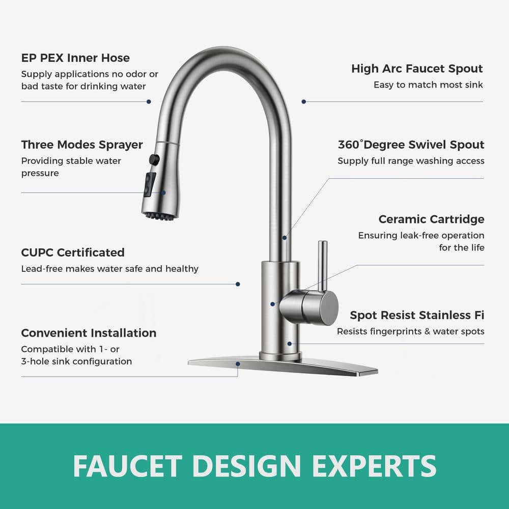 Brushed Nickel Single Handle Pull Down Kitchen Faucet with Soap Dispenser