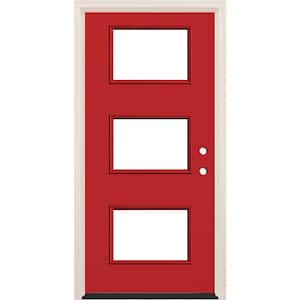 36 in. x 80 in. Left-Hand/Inswing 3 Lite Clear Glass Ruby Red Painted Fiberglass Prehung Front Door w/4-9/16 in. Frame