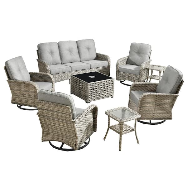 Vinceny Gray 8-Piece Wicker Patio Conversation Set with Dark Gray Cushions and Coffee Table
