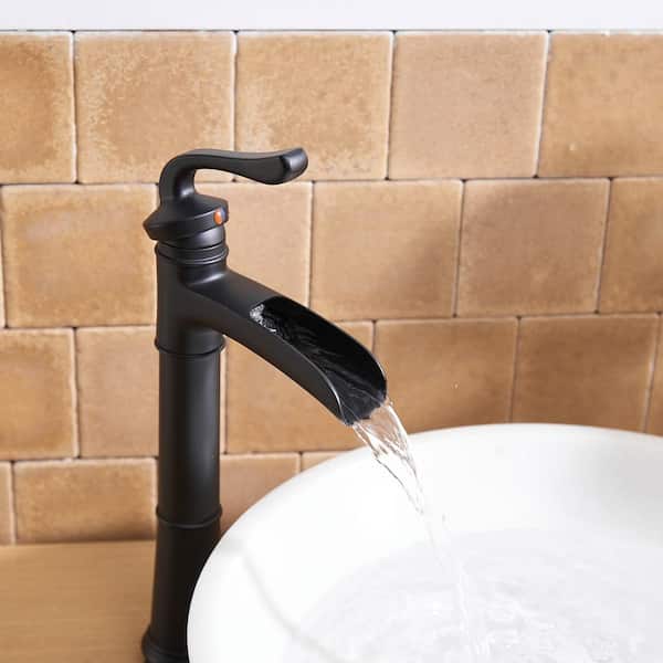 Waterfall Single Hole Single-Handle Vessel Bathroom Faucet With Pop-up Drain Assembly in Matte Black