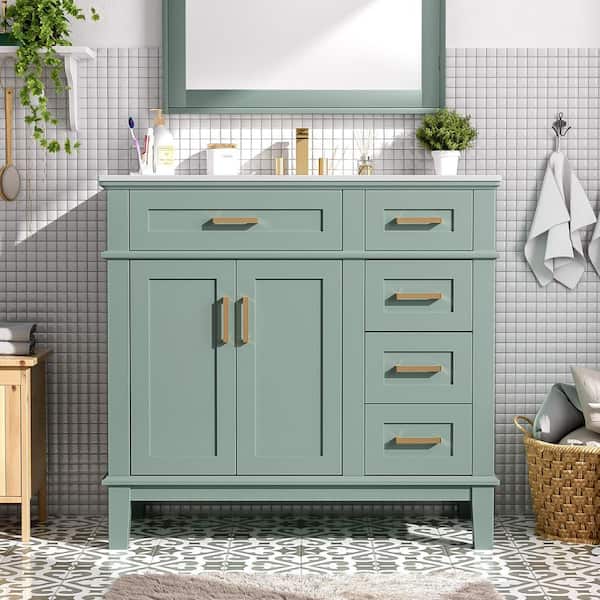 36 in. W Single Sink Freestanding Bath Vanity in Green with White Ceramic Top, 2-Soft Close Doors and 4-Drawers