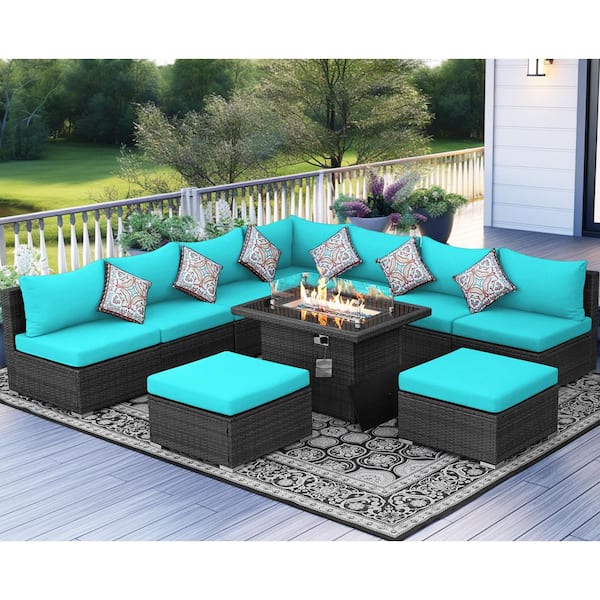 FINCATI 10-Piece Charcoal Wicker Patio Fire Pit Deep Sectional Seating Sofa Set with Teal Cushions with Ottomans