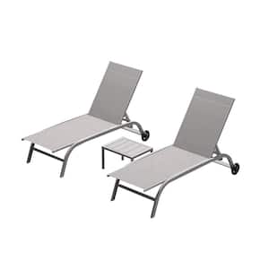 Gray Chaise Lounge with Wheels, Outdoor Lounge Chairs with 5 Adjustable Position (2-Lounge Chairs - 1-Table)