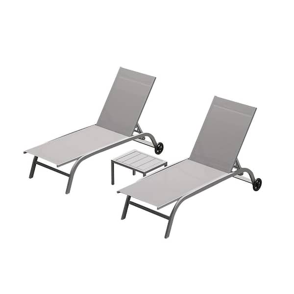 Sudzendf Gray Chaise Lounge with Wheels, Outdoor Lounge Chairs with 5 Adjustable Position (2-Lounge Chairs - 1-Table)