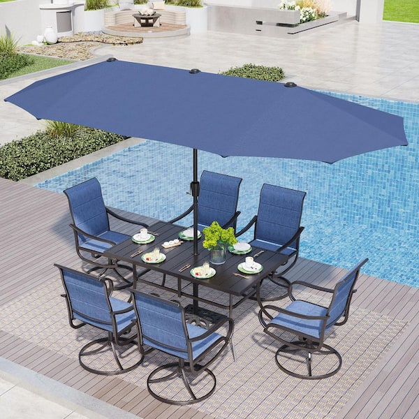 Black 8-Piece Metal Patio Outdoor Dining Set with Rectangle Table, Blue Umbrella and Padded Blue Textilene Swivel Chairs
