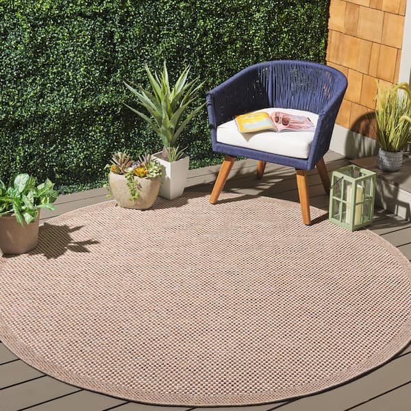 Sisal All-Weather Ivory/Orange Beige 7 ft. x 7 ft. Solid Border Round Indoor/Outdoor Area Rug